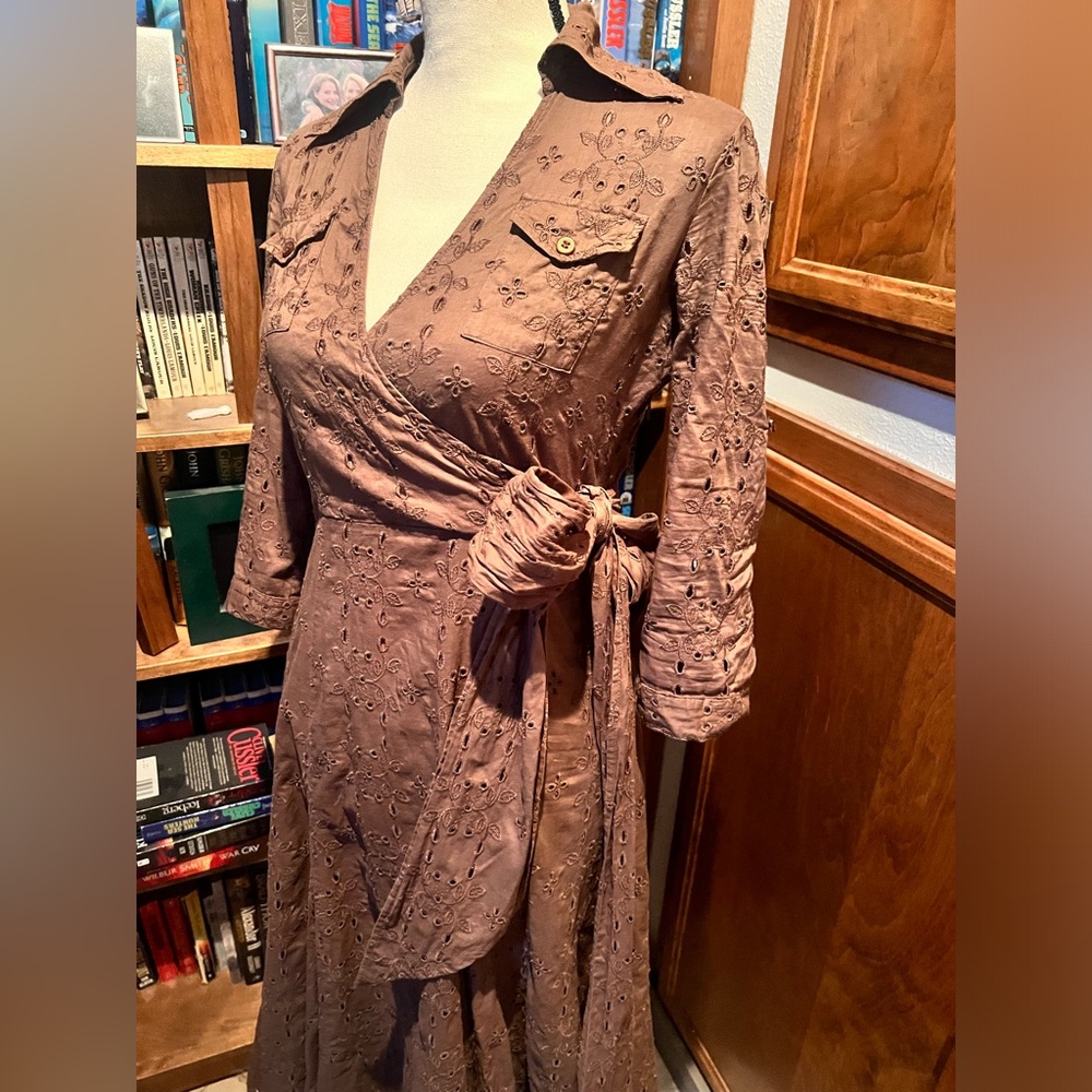 CAbi Brown A-Line Midi Dress with Plunge Neckline - Picture 5 of 7